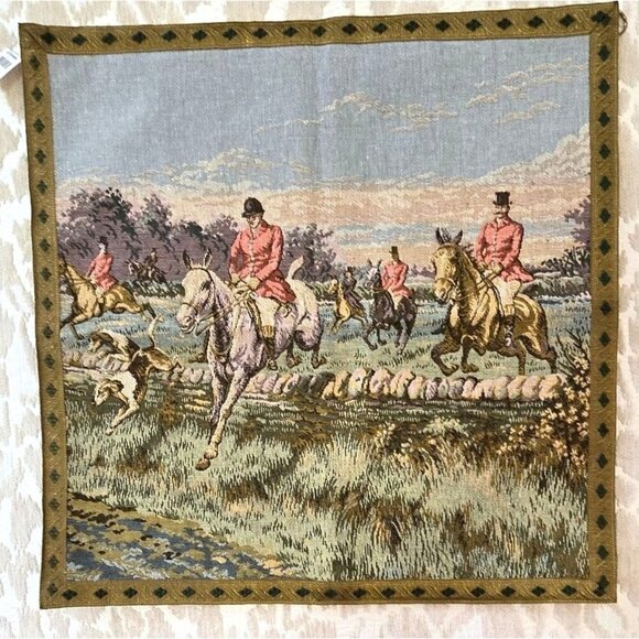 Vintage Corona Decor Fox Hunt Hounds Hunt Scene Tapestry Wall Art 21" x 21" - Picture 1 of 9